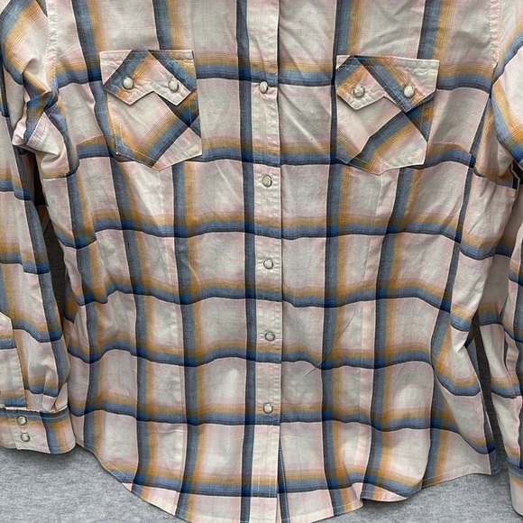 Wrangler Size Large Blue Gold Tan Long Sleeve Pearl Snap Shirt Western Aztec - Picture 5 of 6